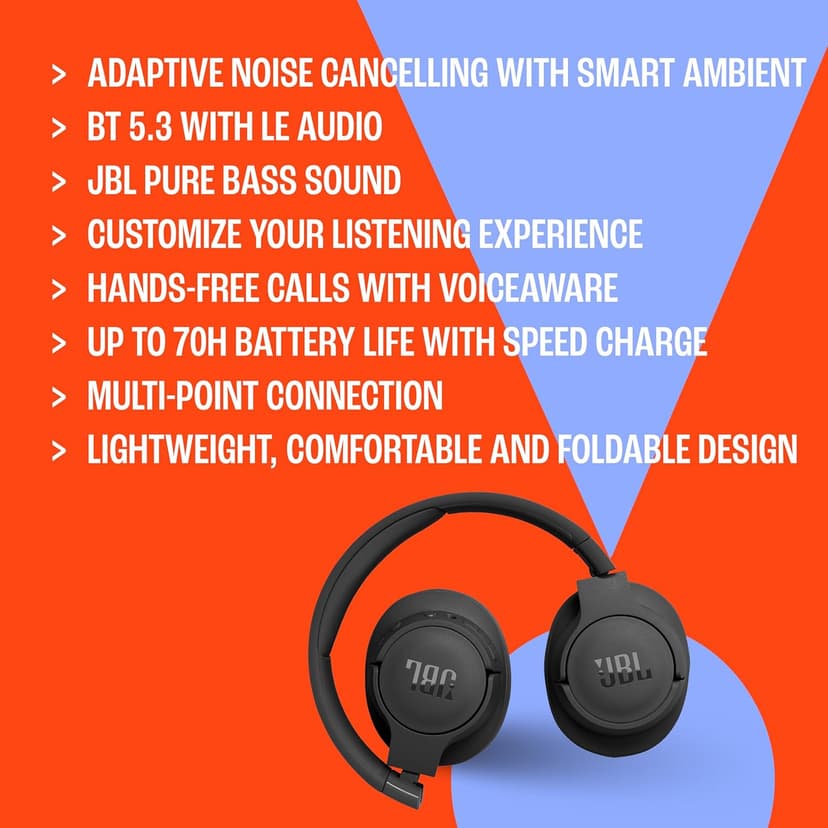 JBL Tune 770NC - Adaptive Noise Cancelling with Smart Ambient Wireless Over-Ear Headphones, Bluetooth 5.3, Up to 70H Battery Life with Speed Charge, Lightweight, Comfortable & Foldable Design (Black)