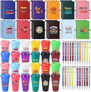 72 Pcs Back to School Teacher Appreciation Gifts Bulk 16oz Plastic Coffee Cups with Lid Notebooks and Ballpoint Pens for Christmas Teacher Thank You Gift(Classic 2)