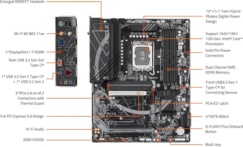 GIGABYTE Z790 Eagle AX LGA 1700 Intel Z790 ATX Motherboard with DDR5, M.2, PCIe 5.0, USB 3.2 Gen2X2 Type-C, Intel Wi-Fi 6E, 2.5GbE LAN, Q-Flash Plus, EZ-Latch