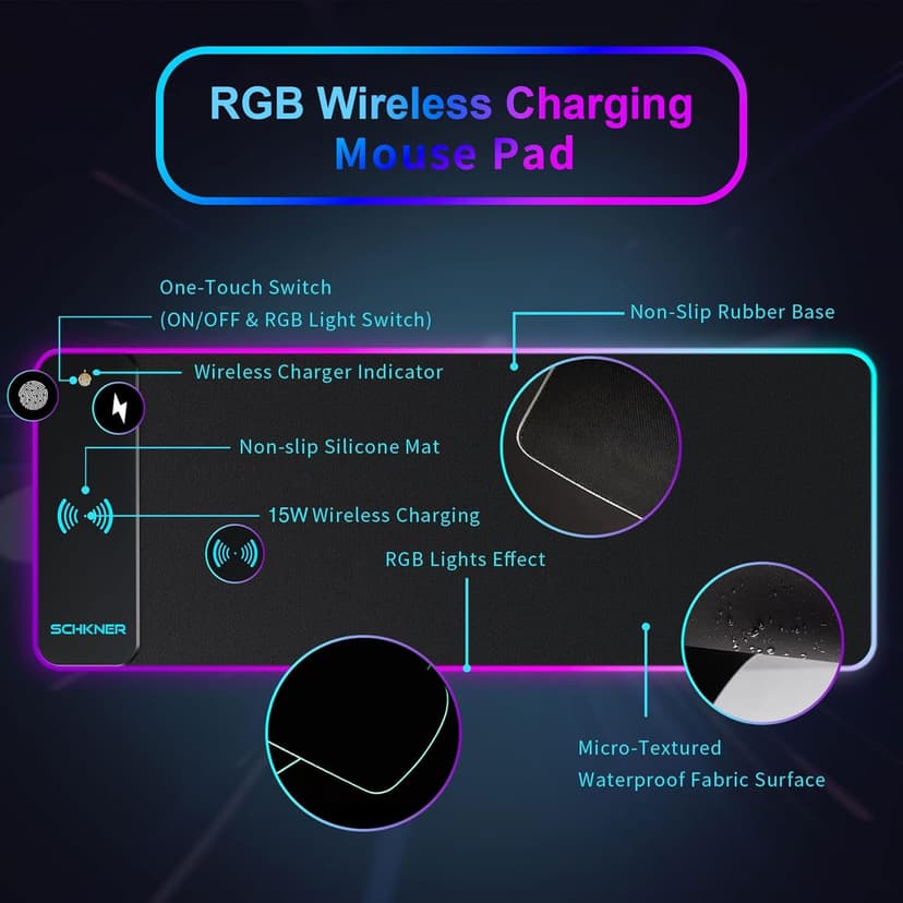 RGB Gaming Mouse Pad with Wireless Charging 15W, Large Desk Mat 800x300x4mm, 10 Light Modes Keyboard Pad with Non-Slip Rubber Base, Waterproof Mousepad for Gaming PC MacBook Laptop