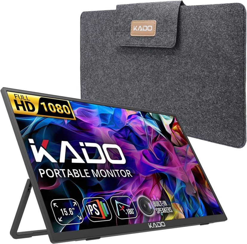 Kado Portable Monitor 15.6'' FHD 1080p, USB-C HDMI Gaming Monitor Ultra-Slim IPS Display Built-in Speakers, External Display 180° Kickstand Wall/Arm Mount for Laptop PC Phone Mac Xbox PS4/PS5 Switch