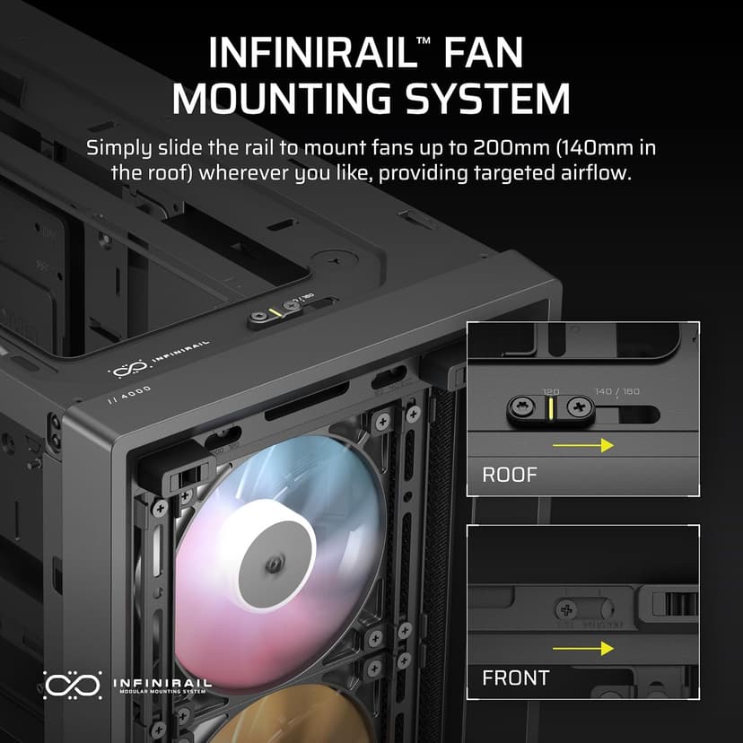 CORSAIR 4000D RS ARGB Frame Modular Mid-Tower ATX PC Case – High Airflow, 3X Pre-Installed RS ARGB Fans, InfiniRail™ Fan Mounting System, ASUS BTF, MSI Project Zero, Gigabyte Project Stealth – Black