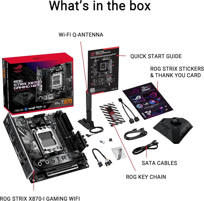 ASUS ROG STRIX X870-I GAMING WIFI AMD AM5 X870 Mini ITX motherboard 10+2+1 power stages, Dynamic OC Switcher, Core Flex, DDR5 AEMP, WiFi7, 2x M.2, PCIe®5.0, Q-Release Slim, USB4, AI OCing & Networking