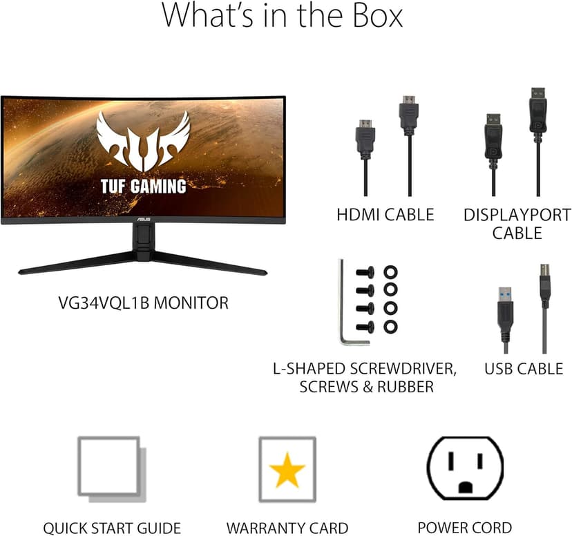 ASUS TUF 34 Inch Curved Gaming Monitor - WQHD (3440x1440), 165Hz, 1ms, Extreme Low Motion Blur, FreeSync Premium, Eye Care, Height Adjustable, DisplayHDR 400, DisplayPort, HDMI, USB - VG34VQL1B