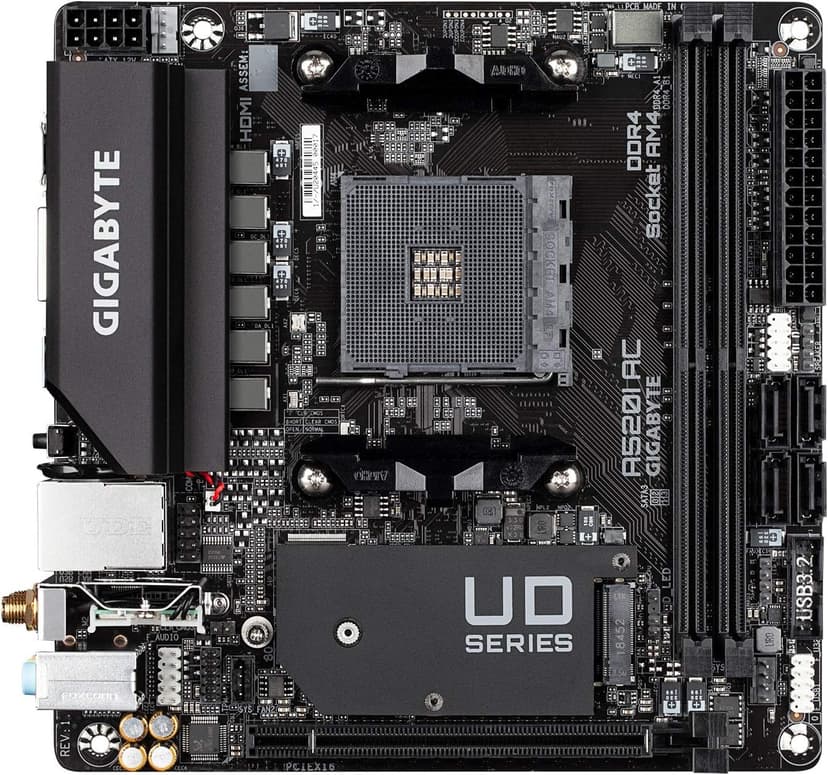 Gigabyte A520I AC (AMD Ryzen AM4/Mini-ITX/Direct 6 Phases Digital PWM with 55A DrMOS/Gaming GbE LAN/Intel WiFi+Bluetooth/NVMe PCIe 3.0 x4 M.2/3 Display Interfaces/Q-Flash Plus/Motherboard)