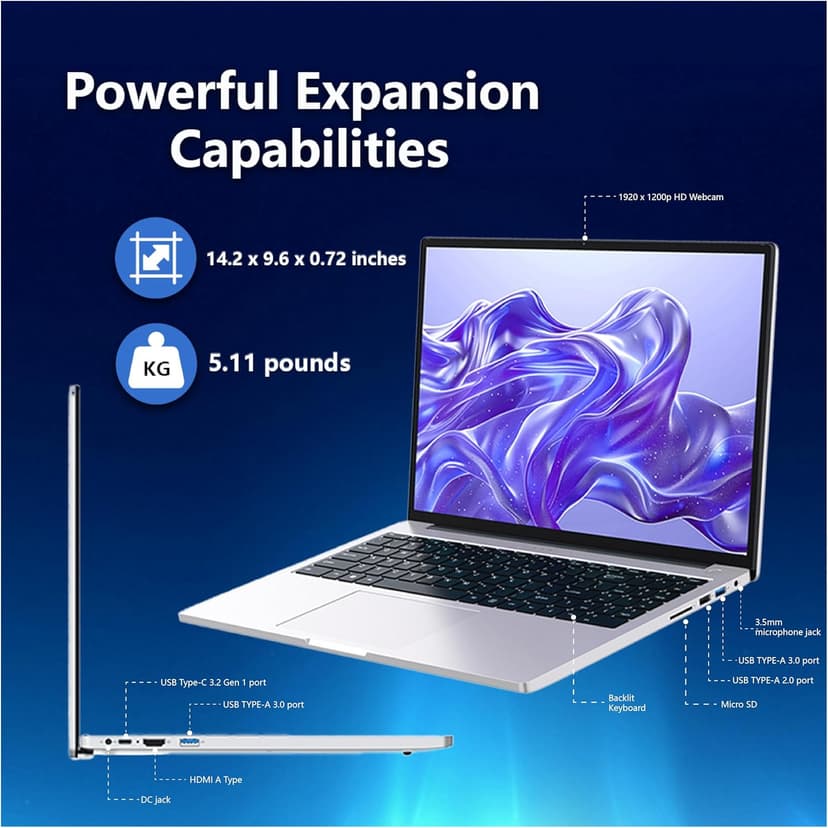 Gaming Laptop Computer - FHD 1920x1200 IPS 16:10 Screen, Core i5(Up to 3.5GHz) Quad-Core, 12GB RAM/512GB SSD, Aluminum Body, WiFi + USB 3.2/HDMI/Type-C, Slim Laptop