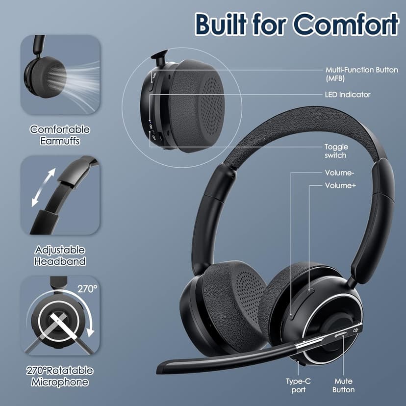 Wireless Headset, Bluetooth Headset with AI Noise Cancelling Mic, Bluetooth V5.2 Headphones with USB Dongle, Charging Base & Mic Mute for PC/Cell Phones/Call Center (Binaural, Black)