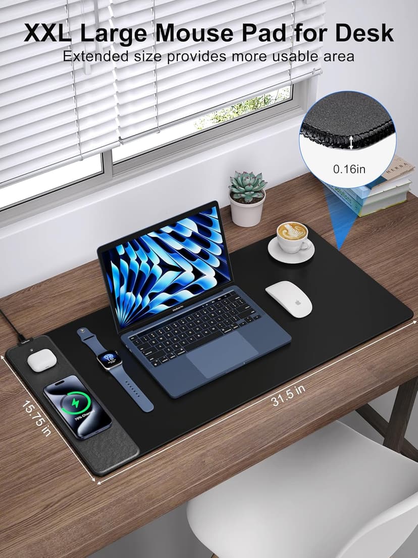 TopMade Wireless Charging Mouse Pad, Waterproof Gaming Mousepad with Ultra-Smooth Surface, Non-Slip Base, 31.5"x15.75" XXL Large Desk Pad, Classic Black Computer Desk Mat for MacBook, PC, Laptop