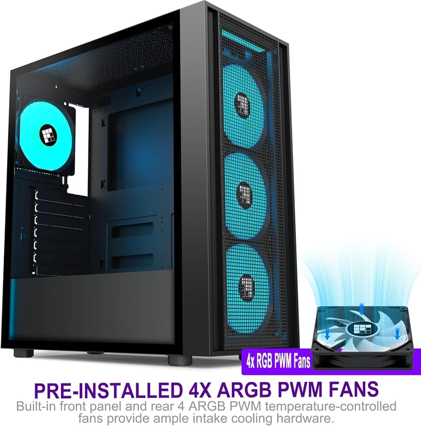 K11 PC Case - Pre-Installed with 4 PWM ARGB Fans, ATX Mid-Tower Gaming Case, Hinged Tempered Glass, Black, FOIFKIN (Black, K11)