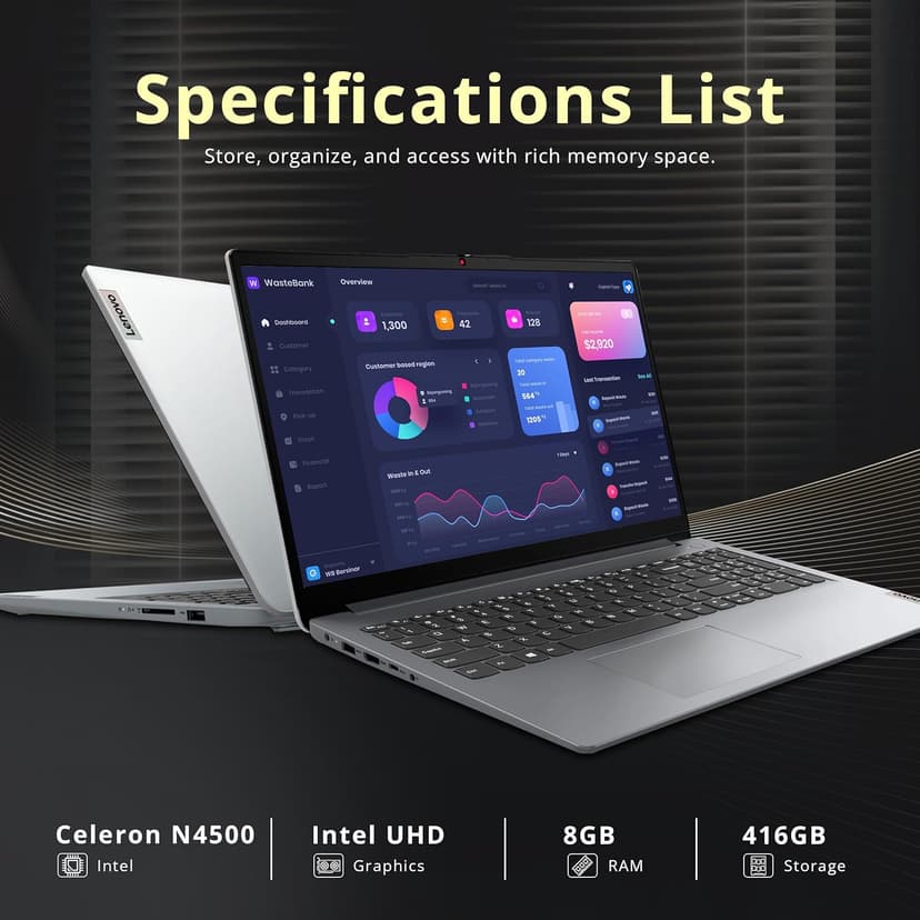 Lenovo Ideapad 1 15.6" HD Anti-Glare Laptop, Intel Celeron N4500, 8GB RAM, 416GB Storage(256GB SSD+160GB Docking Station Set), Intel UHD Graphics, Num Pad, Webcam, Win 11s, Grey