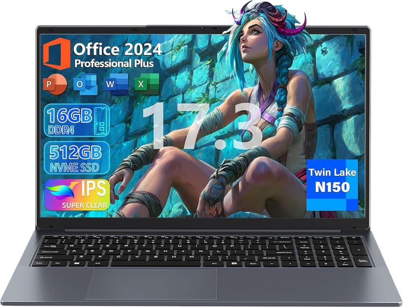 【Office 2024 / Win11 Pro】 17.3-inch Laptop, in tel N150 CPU(Up to 3.6GHz) 16GB RAM 512 GB NVMe SSD,FHD IPS Display, Backlit Keyboard, 6000mAh Battery, HDMI, USB 3.0, Type-C, Wi-Fi (16G+512GB)
