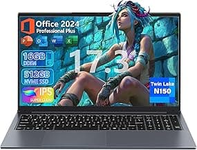 【Office 2024 / Win11 Pro】 17.3-inch Laptop, in tel N150 CPU(Up to 3.6GHz) 16GB RAM 512 GB NVMe SSD,FHD IPS Display, Backlit Keyboard, 6000mAh Battery, HDMI, USB 3.0, Type-C, Wi-Fi (16G+512GB)