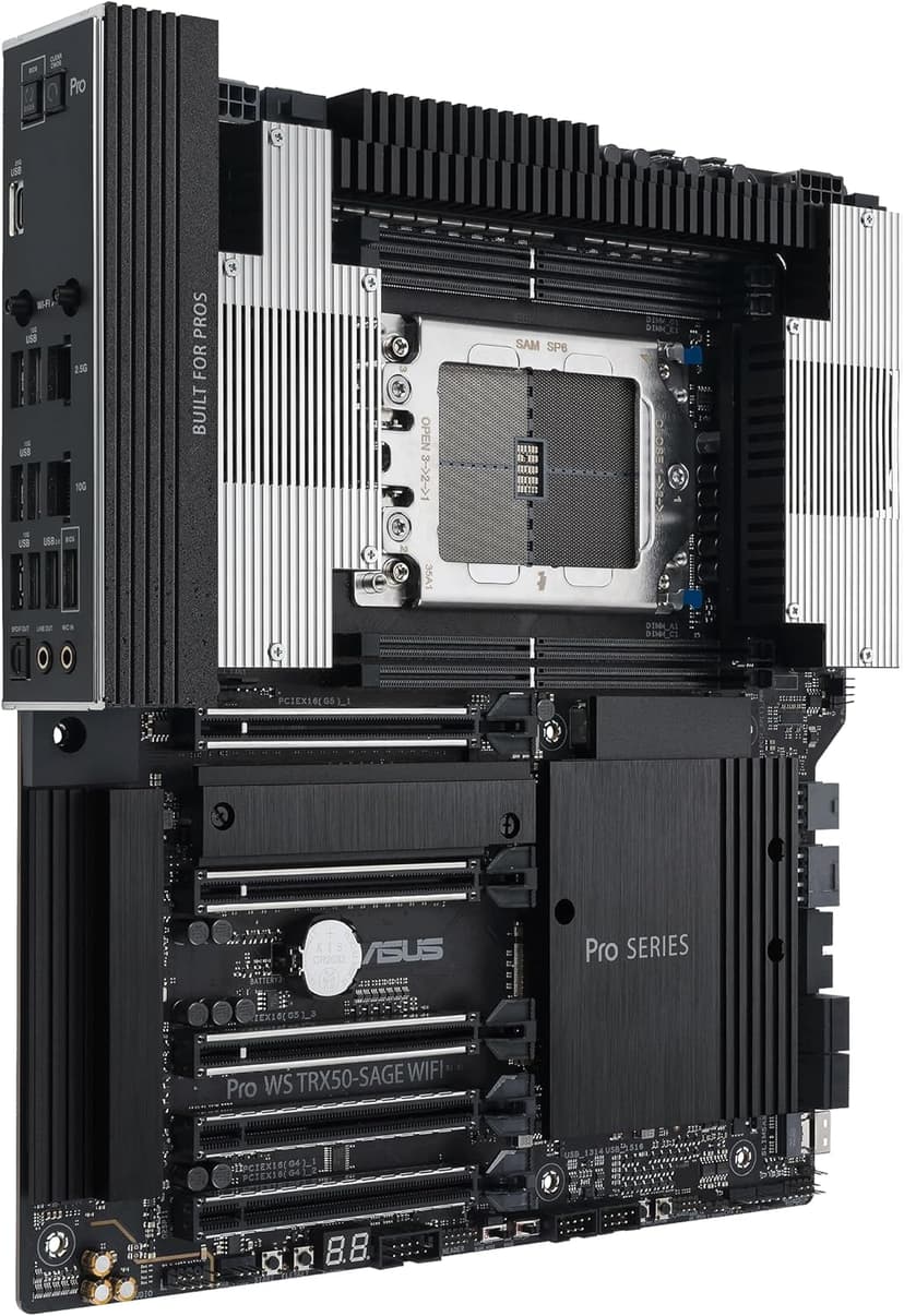 ASUS Pro WS TRX50-SAGE WIFI CEB Workstation motherboard, AMD Ryzen Threadripper PRO 7000 WX,ECC R-DIMM DDR5, 36 power-stage, WiFi 7,PCIe 5.0 x 16,PCIe 5.0 M.2, 10 Gb and 2.5 Gb LAN, multi-GPU support.