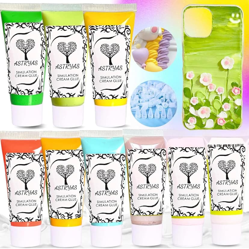 ASTRYAS Decoden Fake Cream Glue, 9 PCS Simulation Whipped Cream Clay Glue DIY Phone Case Kit Silicone Cream Adhesive Set with Plastic Decorating Mouth for Phone Handmade Craft,Crystal