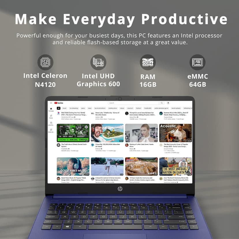 HP Premium Stream 14" HD BrightView Laptop, Intel Celeron N4120, 16GB RAM, 64GB eMMC Storage, HD Webcam, UHD Graphics, 1 Year Office 365, Bluetooth, WiFi, HDMI, Win 11s, Blue, 32GB Hotface USB Card