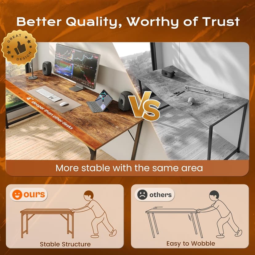 PRAISUN 40 X 24 Inch Computer Desk with Deeper Desktop, Gaming Office Writing Work Desk for Home Office, Study, Bedroom, Work from Home, Metal Frame, Rustic Brown