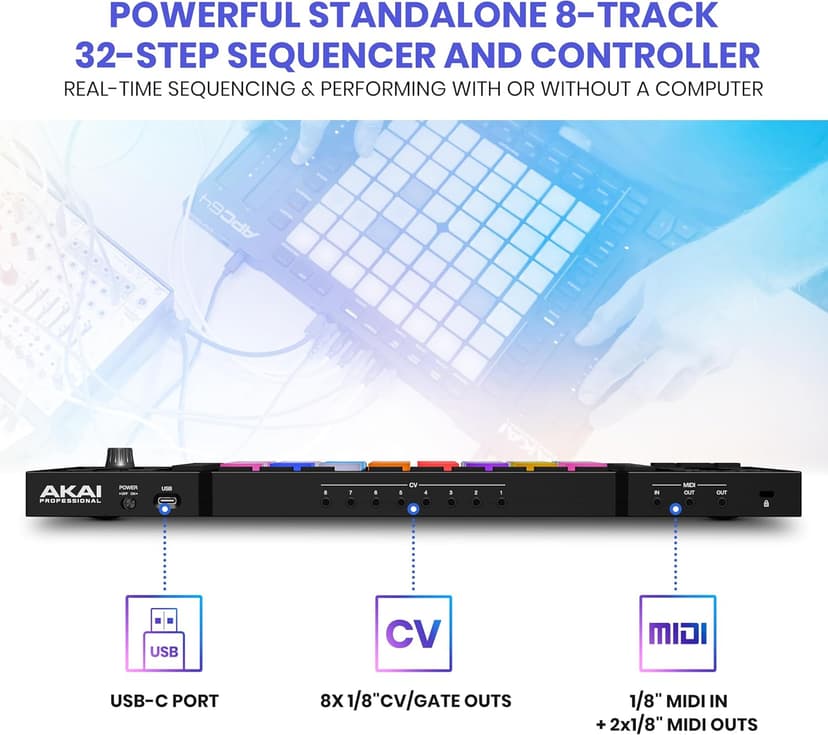AKAI Professional APC64 Ableton MIDI Controller with 8 Touch Strips, Step Sequencer, 64 RGB Velocity-Sensitive Pads, CV Gates, MIDI In & Out, USB-C