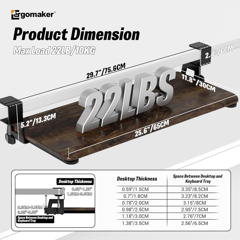 Keyboard Tray Under Desk, Pull Out Keyboard Tray with C Clamp Mount, 25.6" x 11.8" Slide-Out Platform Computer Drawer for Typing, Keyboard & Mouse Tray, Rustic Brown