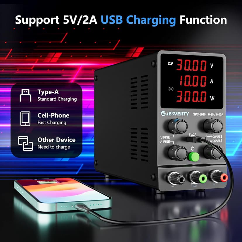 DC Power Supply Variable, 0-30V 0-10A Adjustable Switching DC Regulated Bench Power Supply with High Precision 4-Digit LED Display, 5V/2A USB Port, Coarse and Fine Adjustment SPS-3010