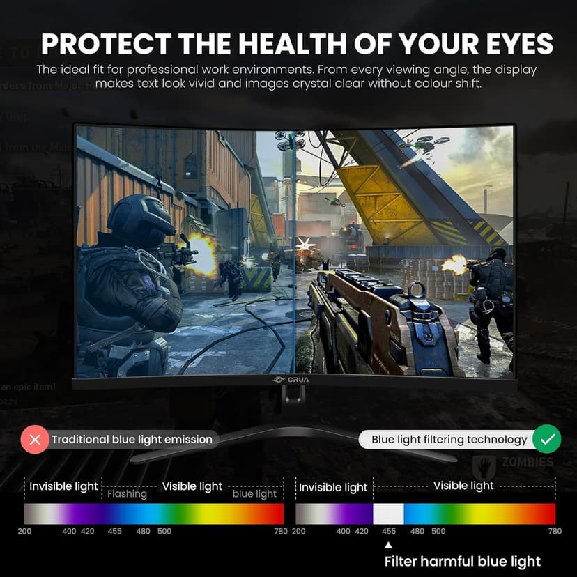 CRUA 27" Curved Gaming Monitor, FHD 1920x1080P, 144Hz/180Hz Computer Monitor, 1800R VA Screen, 120% sRGB, AMD FreeSync, HDMI & DP, Wall Mount Install- Black