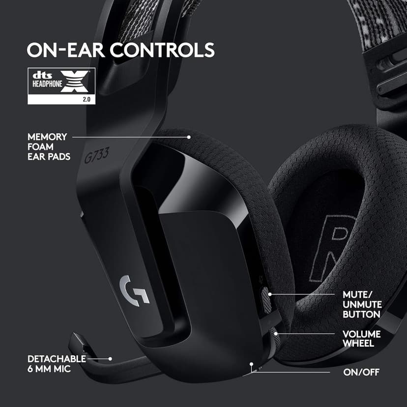 Logitech G733 Lightspeed Wireless Gaming Headset, Suspension Headband, Lightsync RGB, Blue VO!CE Mic, PRO-G Audio – Black, Gaming Headset Wireless, PC, PS5, PS4, Switch Compatible
