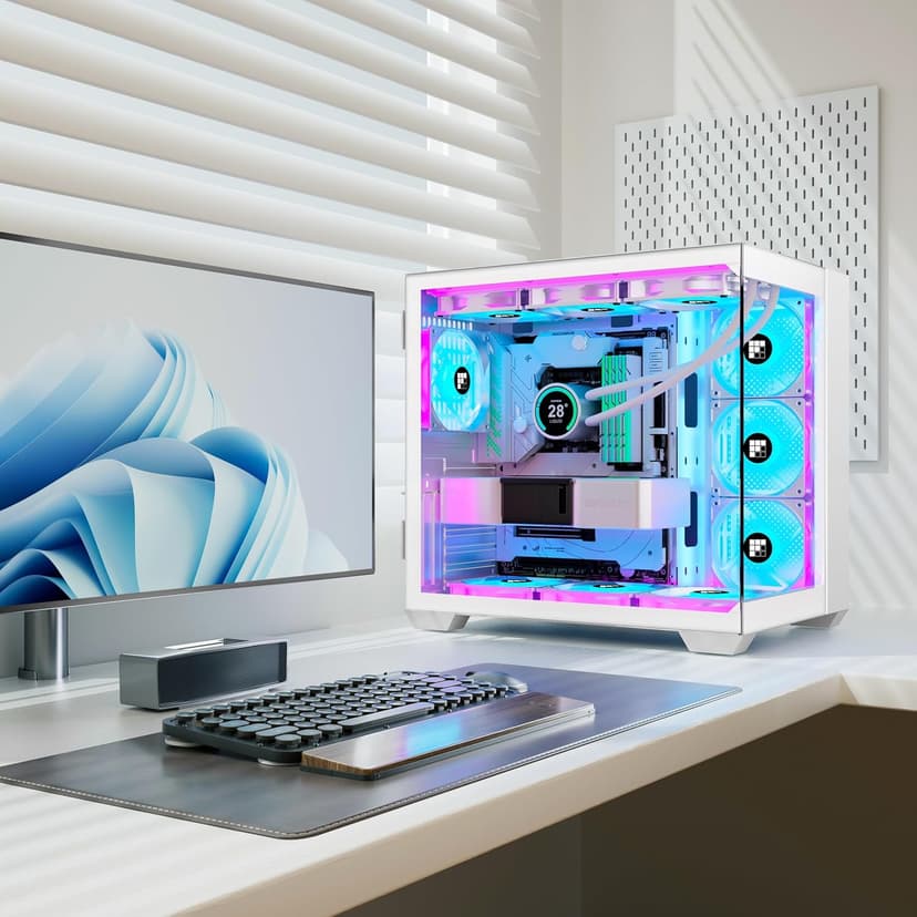F600 PC Case - Pre-Installed 7 PWM ARGB Fan, ATX Mid-Tower Gaming PC Case, 270° Panoramic Glass with Type-C, FOIFKIN (White, F600)