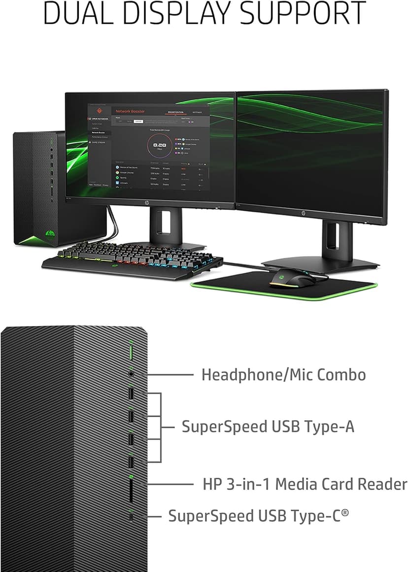 HP Pavilion Gaming Desktop, NVIDIA GeForce GTX 1650 SUPER, Intel Core i3-10100, 8 GB DDR4 RAM, 256 GB PCIe NVMe SSD, Windows 11, USB Mouse and Keyboard, Compact Tower Design (TG01-1022, 2020)