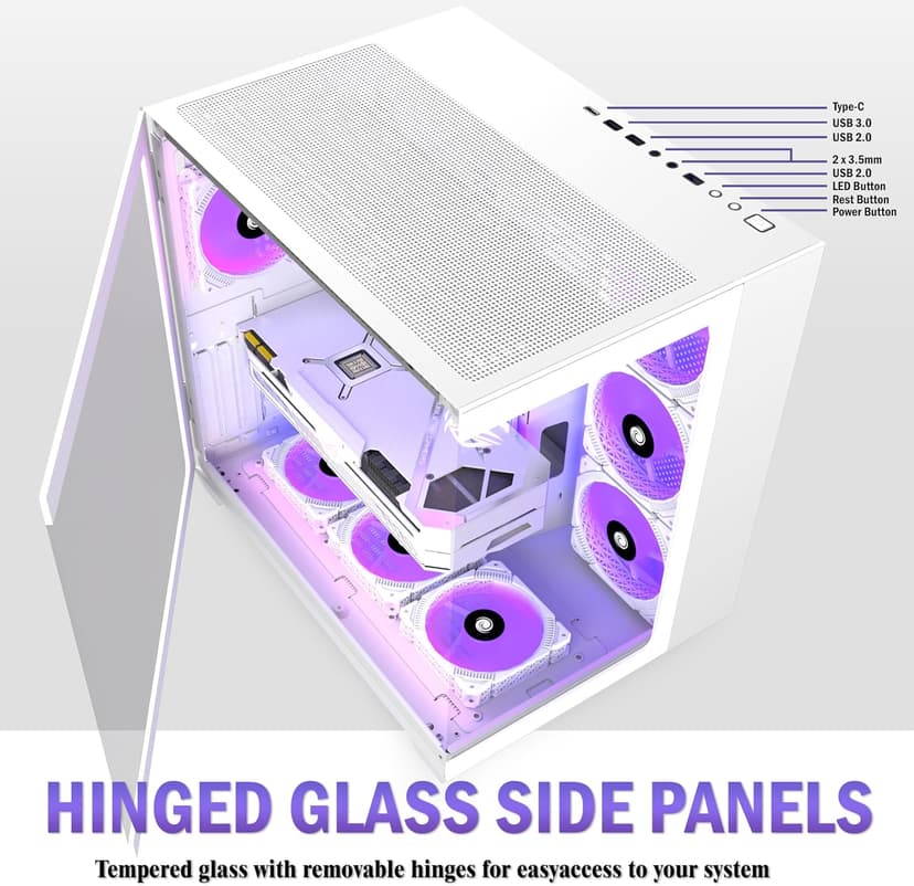 ANSAITE PC CASE ATX 9 PWM ARGB Fans Pre-Installed, Mid-Tower Gaming PC Case, Panoramic Tempered Glass White Computer Case with Type-C,360mm Radiator Support,W9