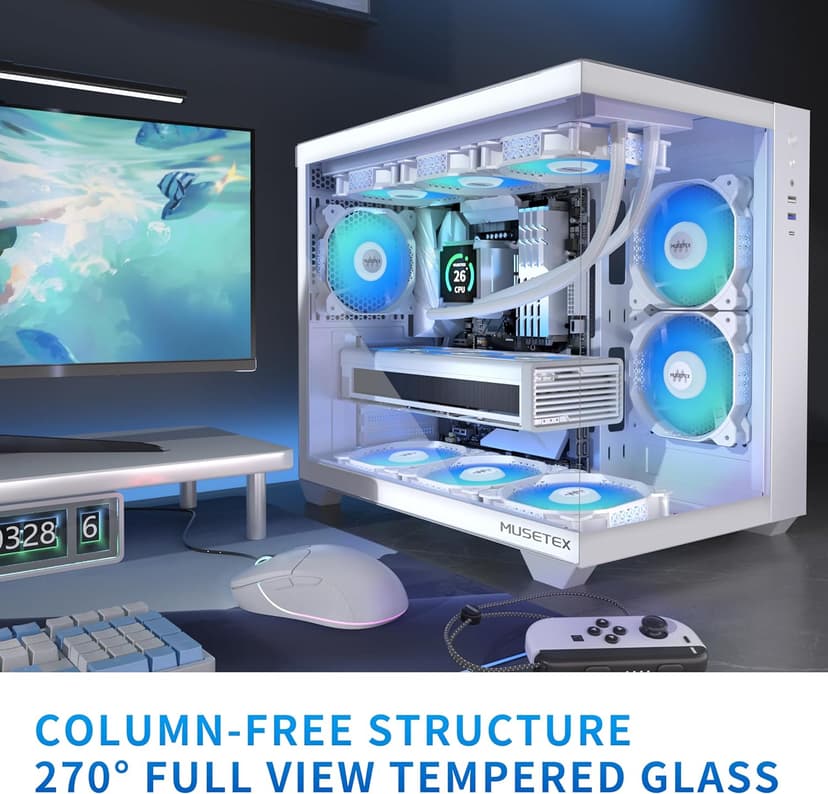 MUSETEX ATX PC Case, 6 PWM ARGB Fans Pre-Installed, 360MM RAD Support, Type-C Gaming PC Case, 270° Full View Tempered Glass Mid Tower, Pure White ATX Computer Case,Y6