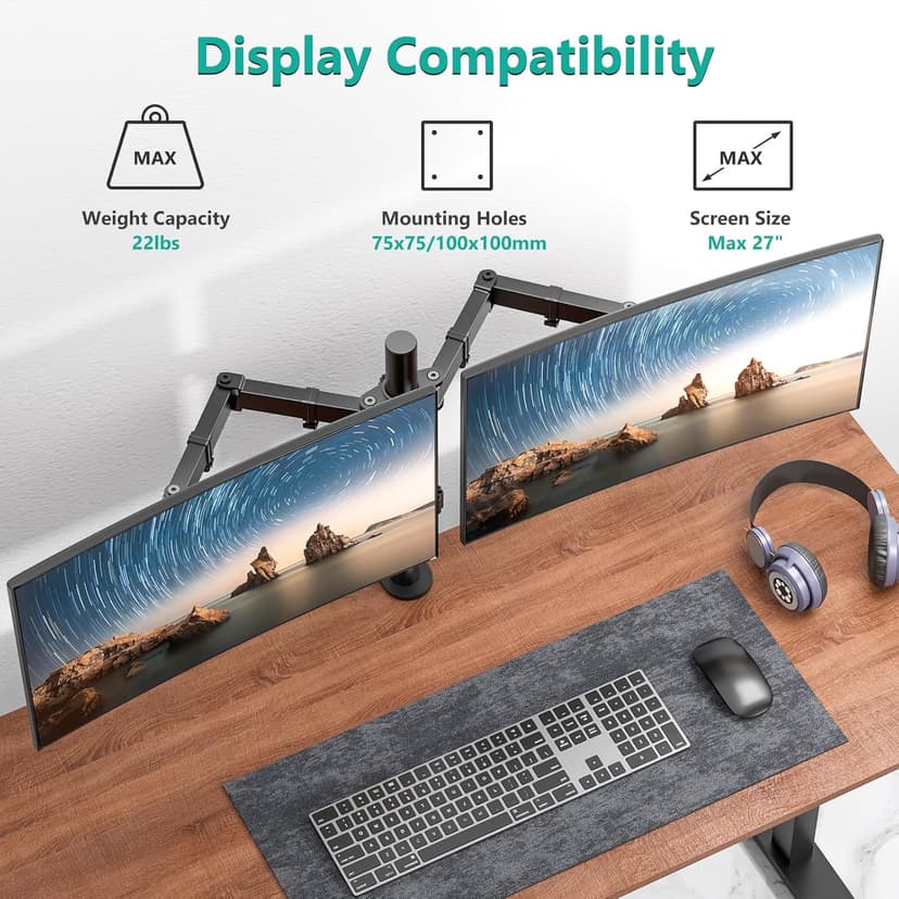WALI Dual Monitor Desk Mount, Monitor Stand for 2 Monitors Up to 27inch, Dual Monitor Mount Max 22lbs for Home, Office, School (M002), Black