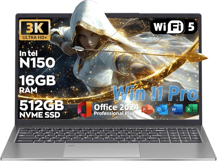 【MS Office 2024/Win 11 Pro】 2025 Laptops 16" 3K 3072x1920 IPS Laptop Computer with in tel N150(UP to 3.6 GHz),16G RAM, Backlit KB/Fingerprint/Webcam/Wi-Fi 5/BT, HDMI/USB-C/RJ45 (512G NVME SSD)