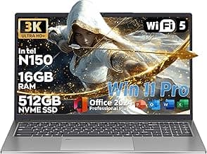 【MS Office 2024/Win 11 Pro】 2025 Laptops 16" 3K 3072x1920 IPS Laptop Computer with in tel N150(UP to 3.6 GHz),16G RAM, Backlit KB/Fingerprint/Webcam/Wi-Fi 5/BT, HDMI/USB-C/RJ45 (512G NVME SSD)