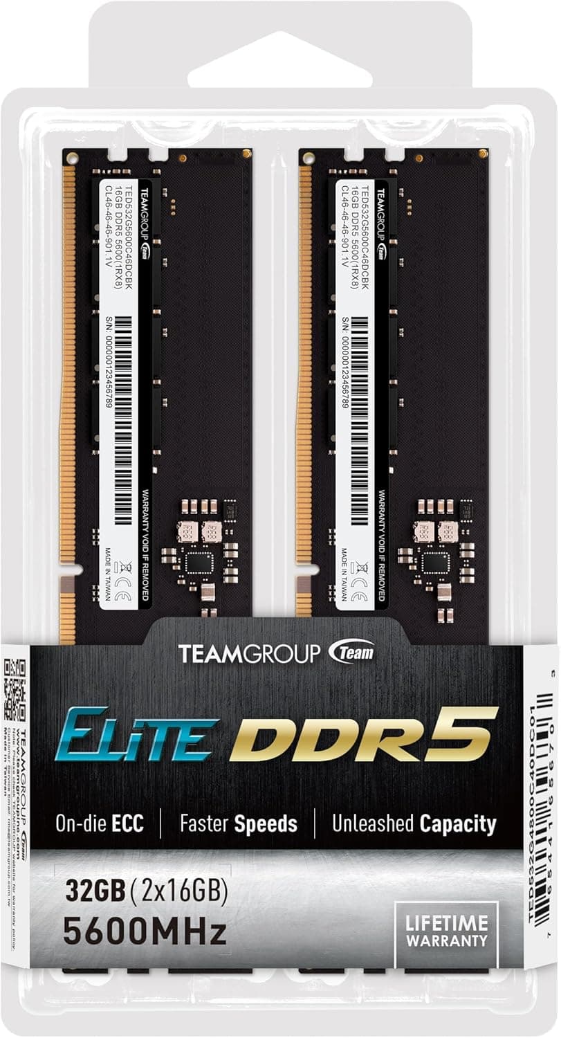 TEAMGROUP Elite DDR5 32GB Kit (2x16GB) 5600Mhz PC5-44800 CL46 Non-ECC Unbuffered UDIMM 288 Pin PC Computer Desktop Memory Module Ram Supports Intel & AMD TED532G5600C46DC01