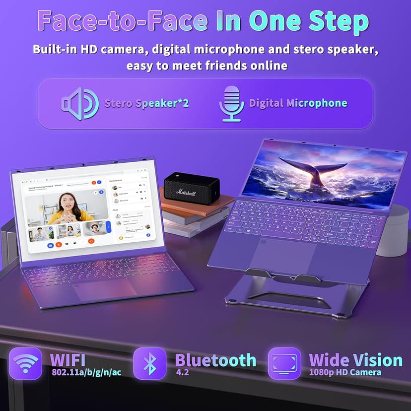 16" Purple Laptop - 12th Gen Intel N95, 12GB LPDDR5 RAM, 1TB NVMe SSD, 2K FHD IPS Display, 7-Color Backlit Keyboard, Fingerprint, Win11 Pro/Office 2019 | Lightweight for Study Work & Play