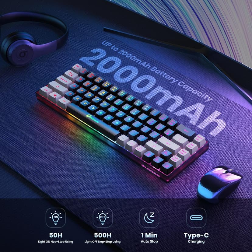 65% Wireless Gaming Keyboard, Rechargeable Backlit Gaming Keyboard, 68 Keys Ultra-Compact Anti-ghosting No-Conflict Wireless Keyboard for PC Laptop Windows Gamer(Black-Grey)