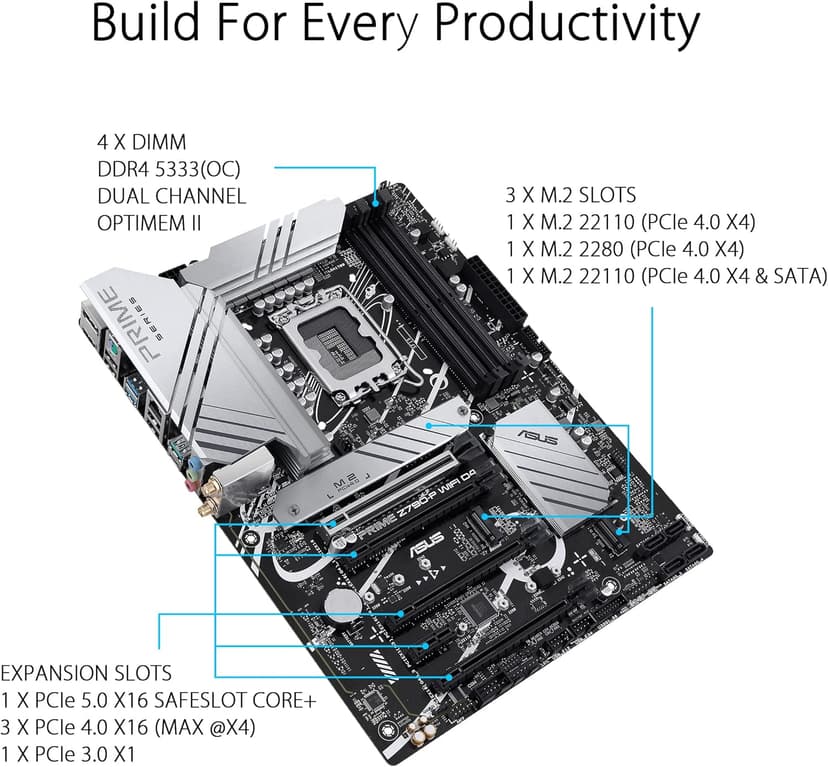 ASUS Prime Z790-P WiFi D4 LGA 1700(Intel 14th,12th&13th Gen) ATX motherboard (PCIe 5.0,DDR4,14+1DrMOS,3x M.2,WiFi 6, Bluetooth v5.2,2.5Gb LAN, front panel USB 3.2 Gen 2 USB Type-C, Thunderbolt 4/USB4)
