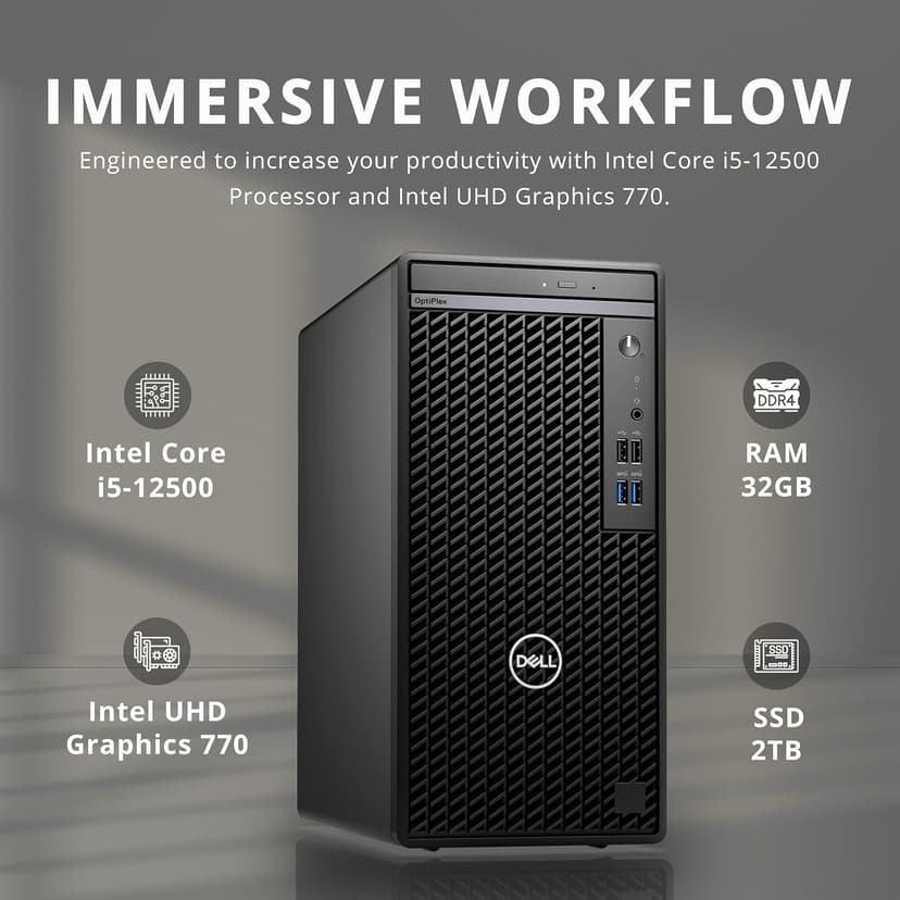 Dell OptiPlex 3000 Tower Business Desktop, Intel i5-12500 Processor, 32GB RAM, 2TB PCIe SSD, Ethernet, WiFi Adapter, KB& Mouse, DVDRW, Windows 11 Pro, Black