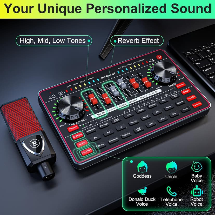 Podcast Microphone Bundle with Live Sound Board Audio Mixer, Podcast Equipment Bundle with 3.5mm Condenser Microphone for Pc/Phone Live Streaming Singing Gaming, Soundboard with Voice Changer, Denoise