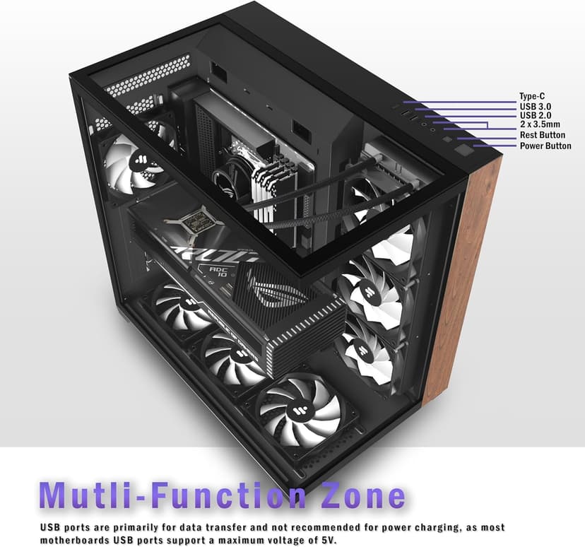 KEDIERS PC CASE ATX 6 PWM ARGB Fans Pre-Installed, Mid Tower Computer Case with Full-View Tempered Glass, Type-C,Printed Walnut Wood Panels,Support 360mm Radiator,Black Gaming Case (P7)
