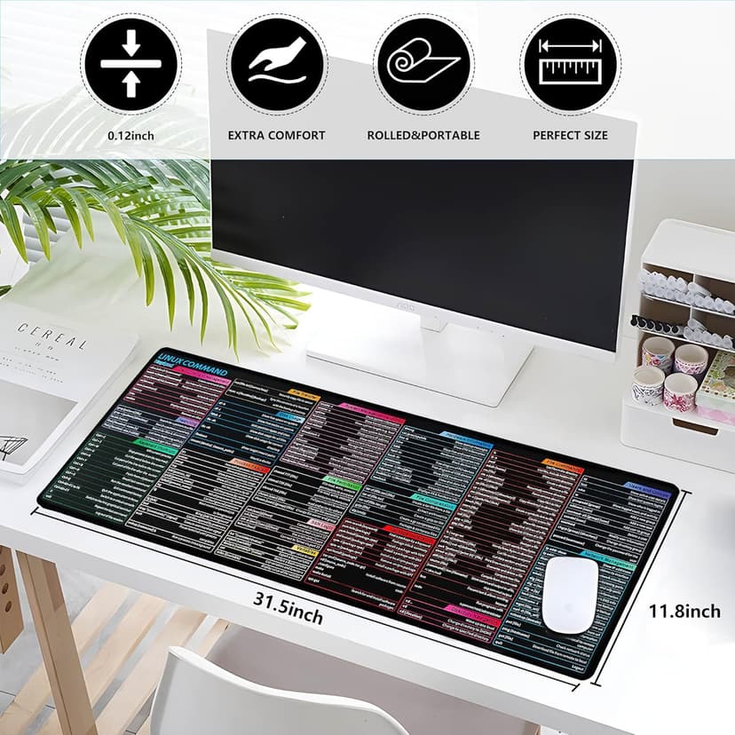 Linux Commands Line Sheet Mouse Pad for Desk, Large XL Mousepad With Shortcuts, 31.5"x11.8" Office Computer Mat, Waterproof Anti-Slip Keyboard Pad, Linux Basics Accessories