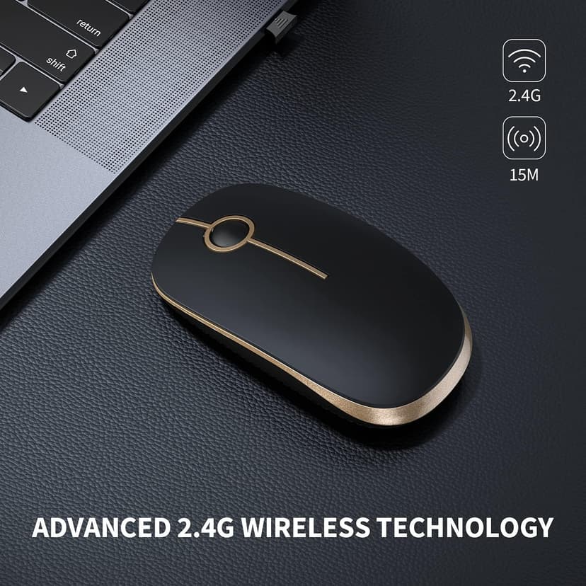 VssoPlor Wireless Mouse, 2.4G Slim Portable Computer Mice with Nano Receiver for Notebook, PC, Laptop, Computer (Black and Gold)