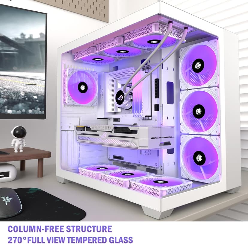 ANSAITE PC CASE ATX 9 PWM ARGB Fans Pre-Installed, Mid-Tower Gaming PC Case, Panoramic Tempered Glass White Computer Case with Type-C,360mm Radiator Support,W9