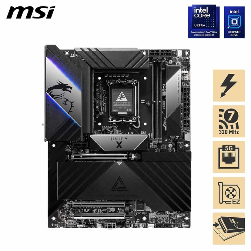 MSI MEG Z890 Unify-X Motherboard, ATX - Supports Intel Core Ultra Processors (Series 2), LGA 1851-110A SPS, DDR5 Memory (9600+ MT/s OC), PCIe 5.0 & 4.0 x16, M.2 Gen5, Thunderbolt 4, Wi-Fi 7, 5G LAN
