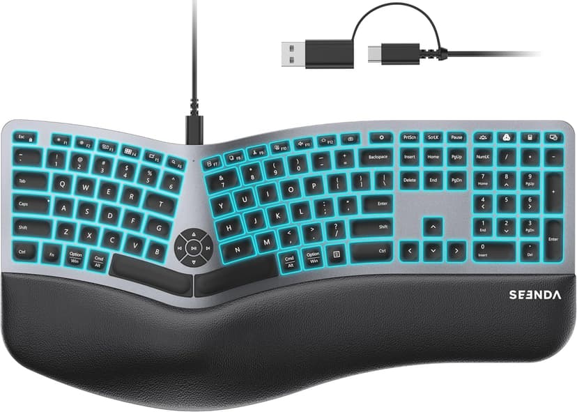 seenda 7-Color Backlit Wired Ergonomic Keyboard, KUW01 USB & Type-C Wired Split Keyboard, Cushioned Wrist Rest, Full Size with NumPad, Compatible for Windows, macOS, PC, Laptop, MacBook - Black Gray