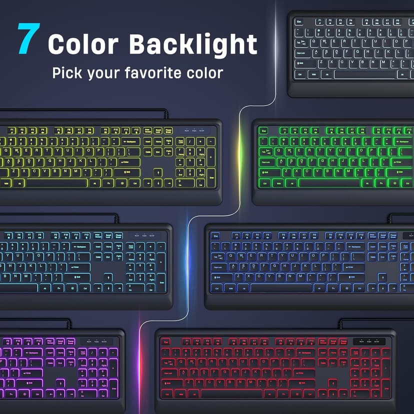 Backlit Wired Keyboard, USB Lighted Computer Keyboards with 7 Colors Backlight, Full Size Silent Keyboard with Media Hotkey for Windows Desktop, PC, Laptop (Black, M)
