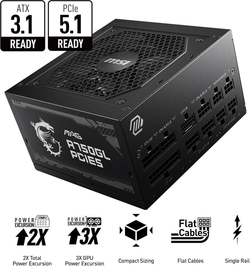 MSI MAG A750GL PCIE 5.1 & ATX 3.1 Gaming Power Supply - Full Modular - 80 Plus Gold Certified 750W - Compact Size - ATX PSU - 10 Year Warranty