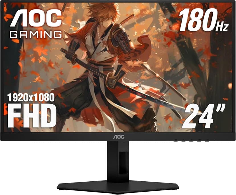 AOC 24G4E 24" Gaming Monitor, Full HD 1920x1080 IPS Panel, 180Hz 1ms, 1x HDMI 2.0, 1x Display Port, Adaptive-Sync, Audio Earphone Out, Console Gaming Ready, 3-Year Zero-Bright-Dot