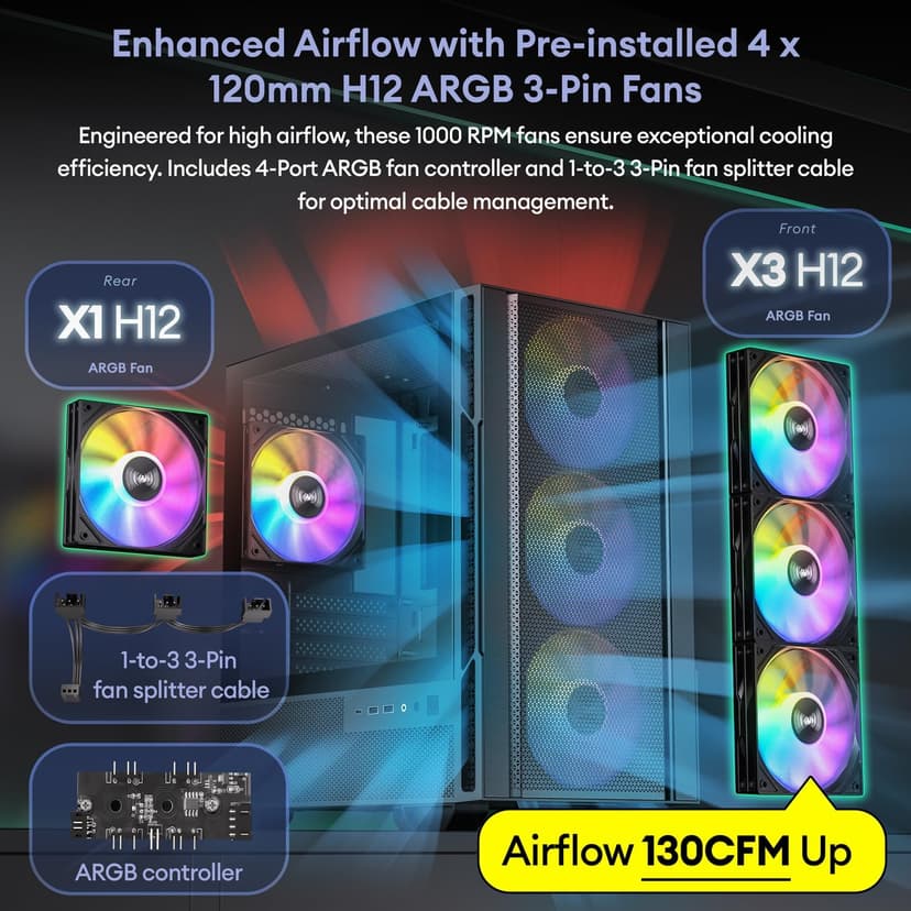 Micro ATX Case, 4 × 120mm ARGB Non-PWM Case Fans Pre-Installed, MATX PC Case, Temper Glass Side Panel, with Type-C, Black, Cypress 3 ARGB