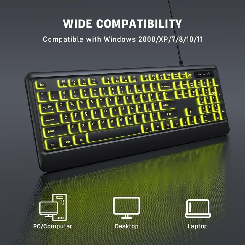 Backlit Computer Keyboards, Wired USB LED Keyboard with 7 Colors Backlight, Plug and Play, Waterproof, Full Size Quiet Computer Keyboard for Windows Desktop, PC, Laptop, Gaming