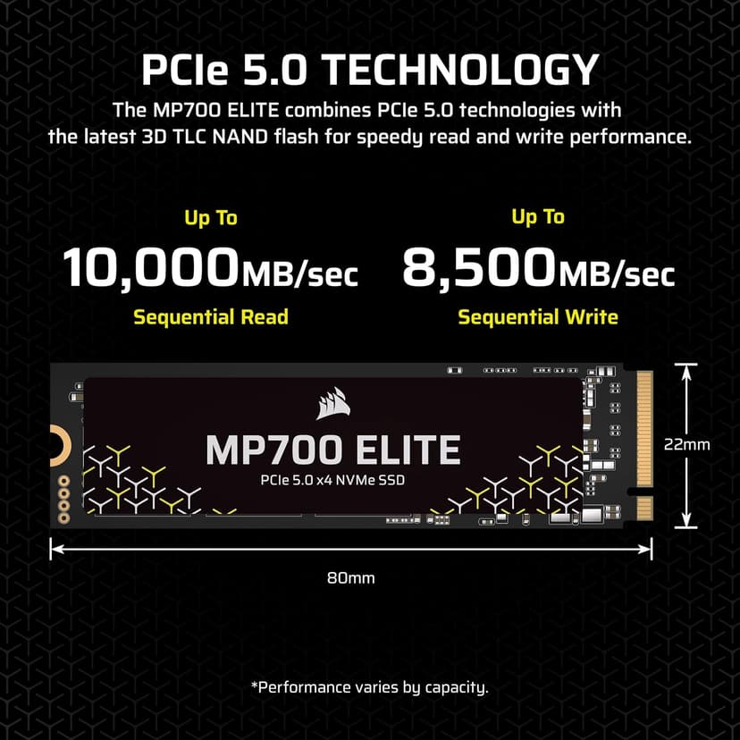 Corsair MP700 Elite 1TB PCIe 5.0 x4 NVMe M.2 SSD – Up to 10,000MB/sec – High-Density 3D TLC NAND – M.2 2280 - DirectStorage Compatible – Black